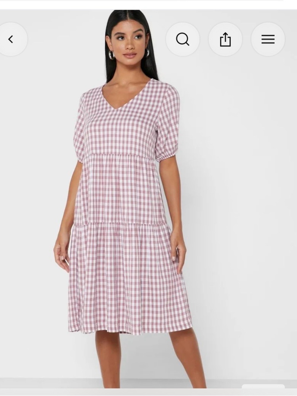 Women’s Gingham Tiered Midi Dress in Mauve & White, Sz 36 (M/L)